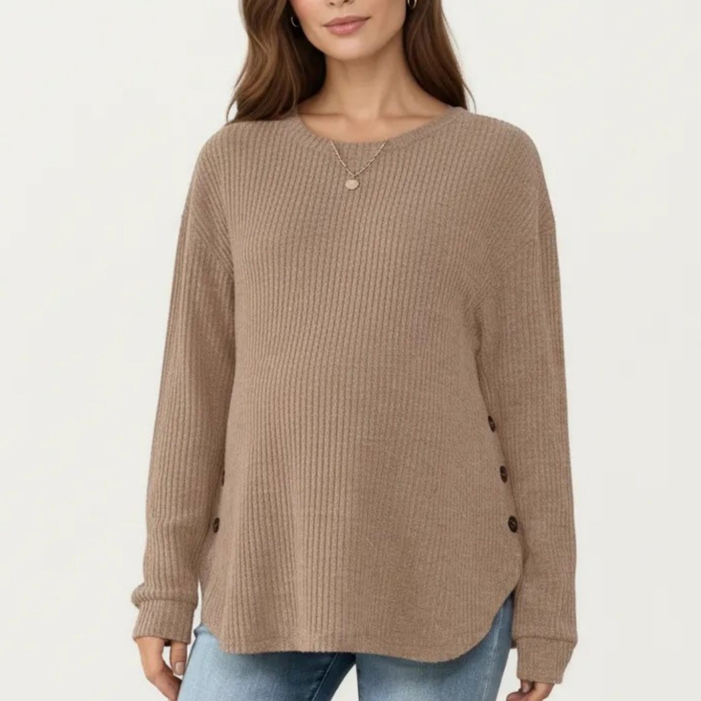Maternity Long Sleeve Ribbed Knit Top with Crew Neck Side Button Detail