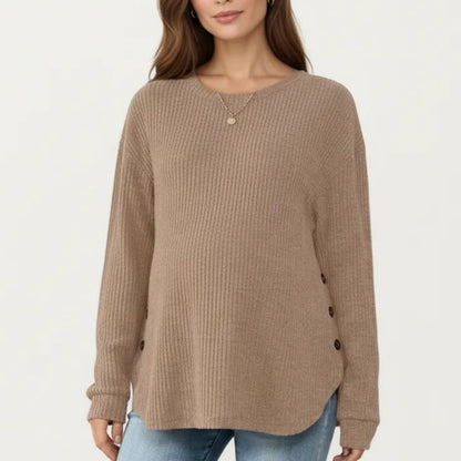 Maternity Long Sleeve Ribbed Knit Top with Crew Neck Side Button Detail