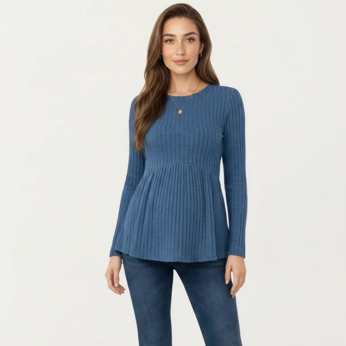 Maternity Long Sleeve Ribbed Knit Top with Crew Neck and Empire Waist