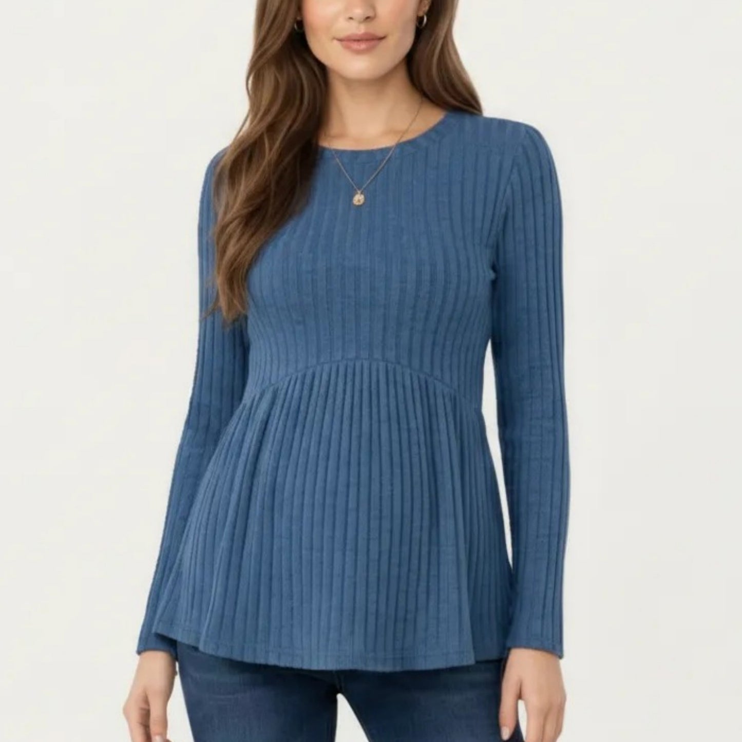 Maternity Long Sleeve Ribbed Knit Top with Crew Neck and Empire Waist