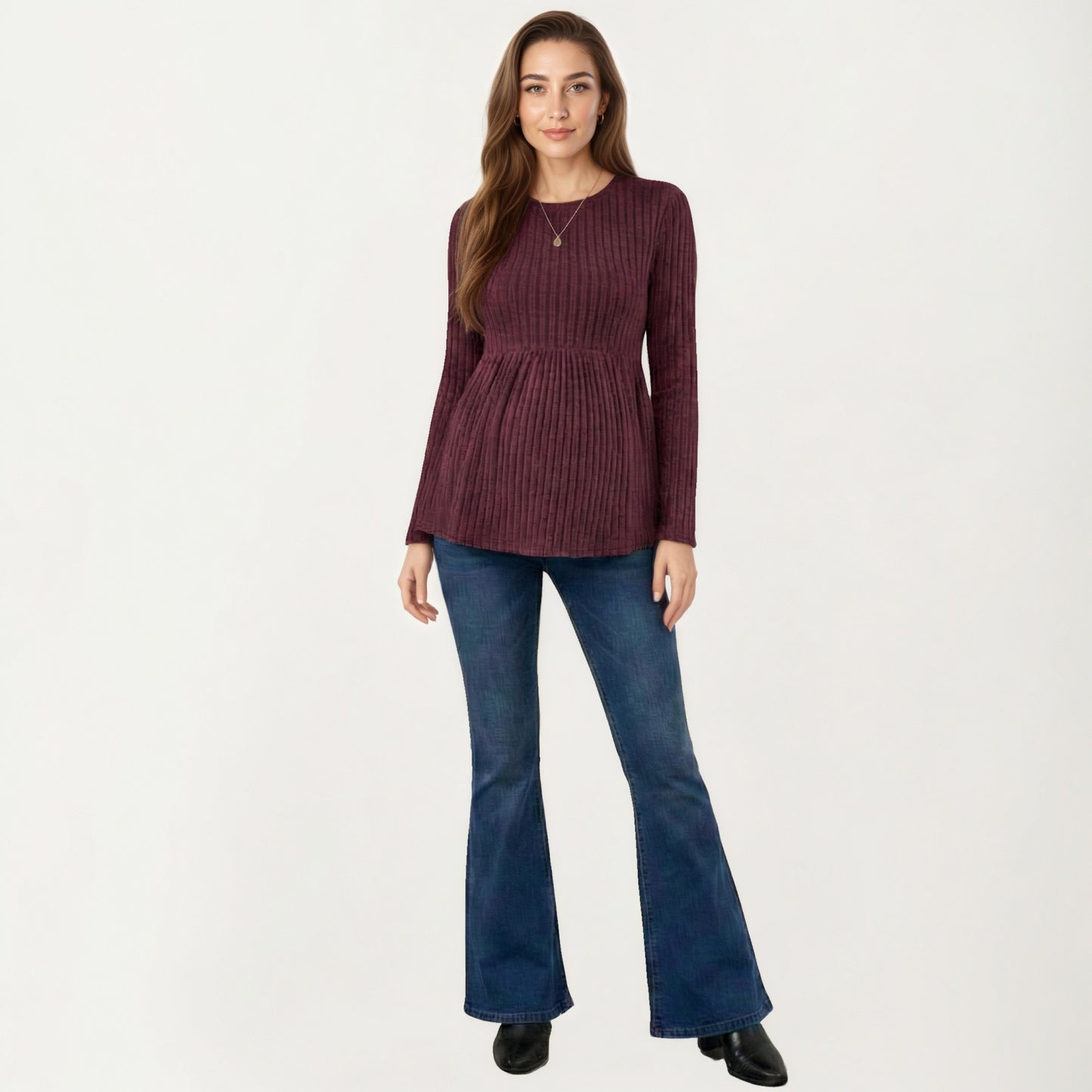 Maternity Long Sleeve Ribbed Knit Top with Crew Neck and Empire Waist