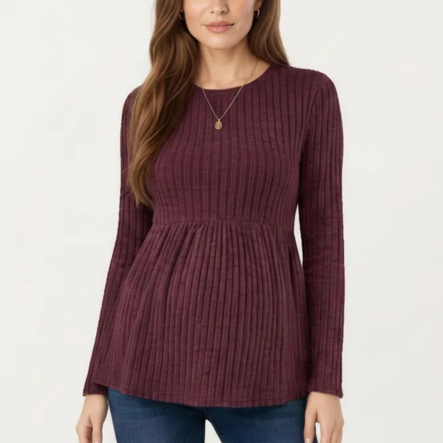 Maternity Long Sleeve Ribbed Knit Top with Crew Neck and Empire Waist