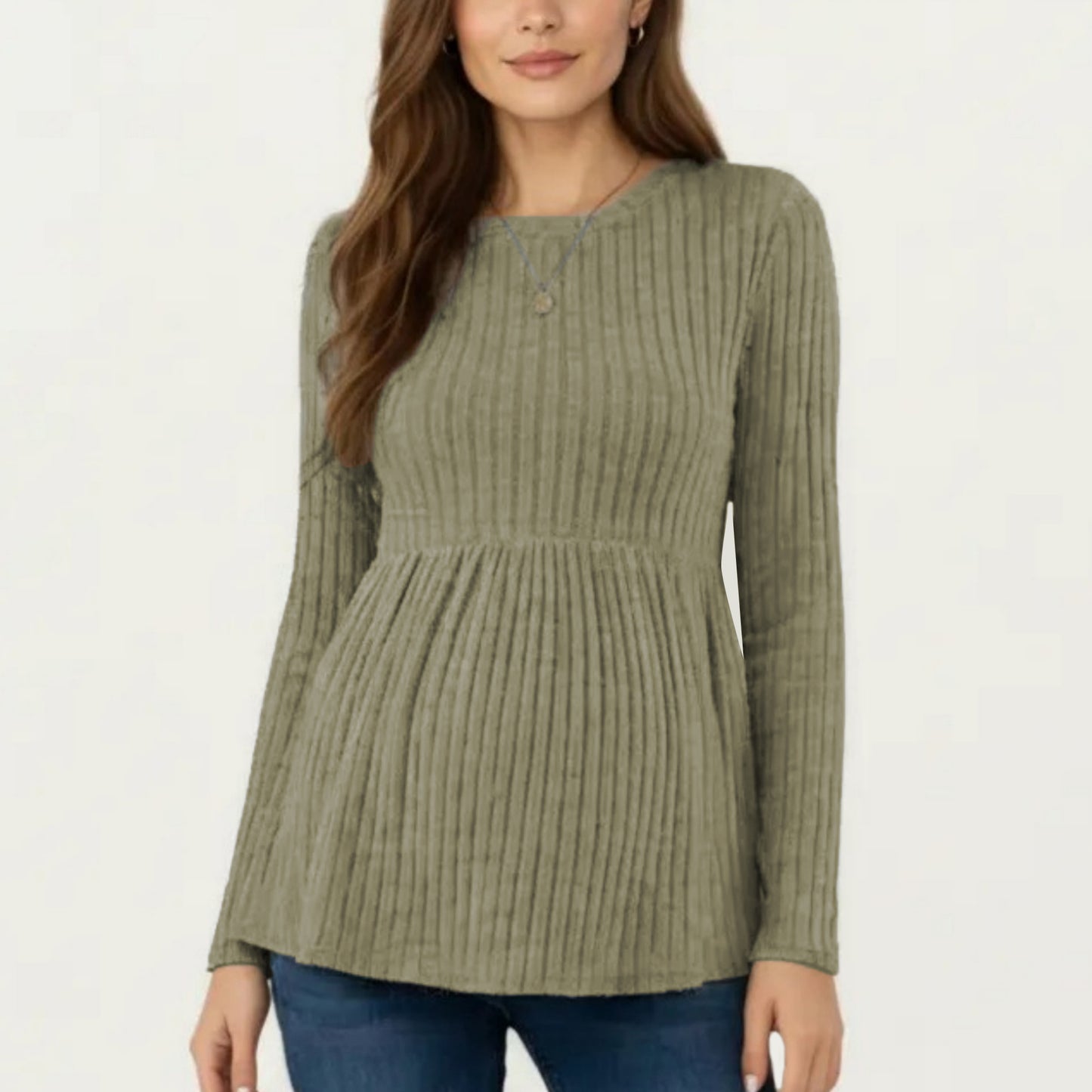 Maternity Long Sleeve Ribbed Knit Top with Crew Neck and Empire Waist