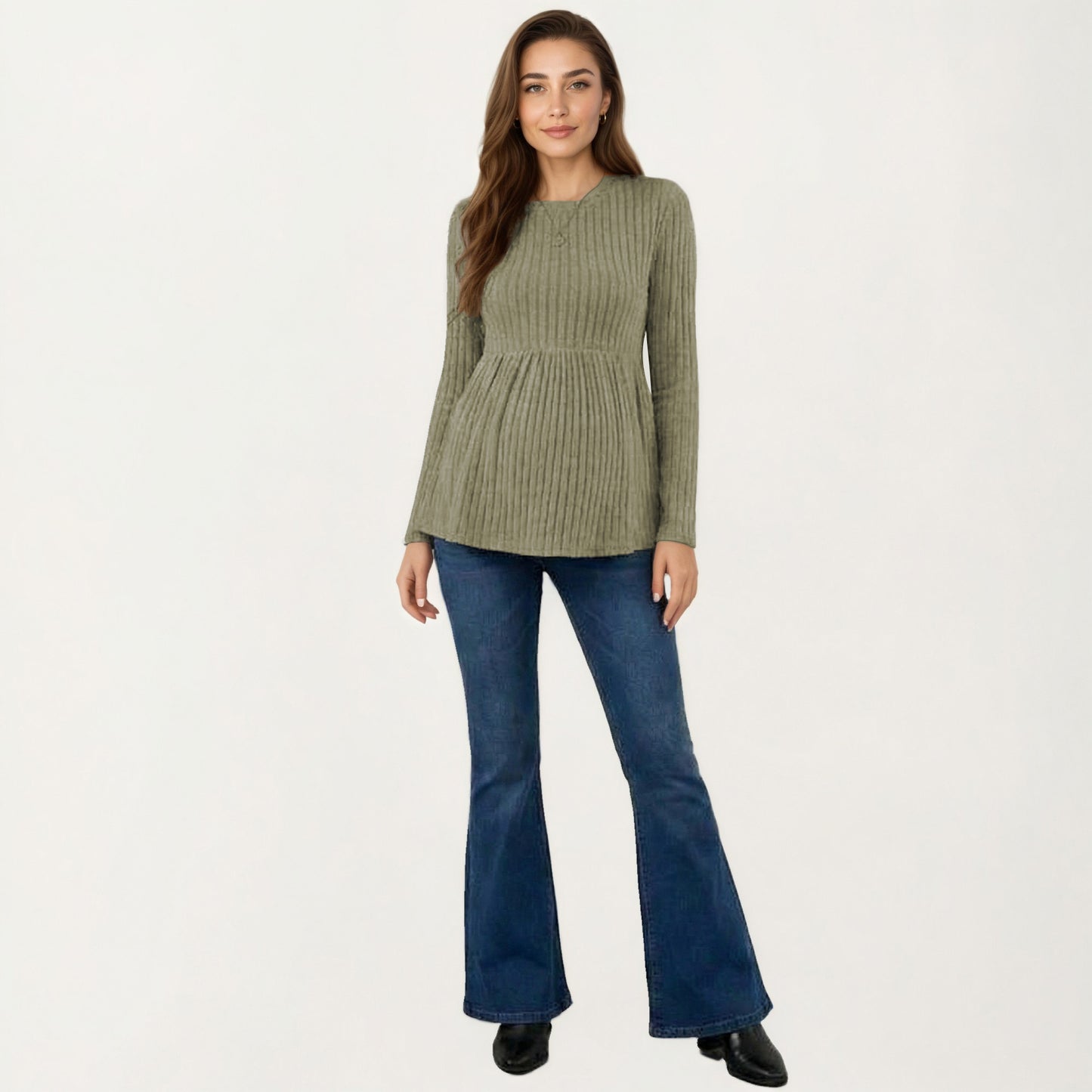 Maternity Long Sleeve Ribbed Knit Top with Crew Neck and Empire Waist