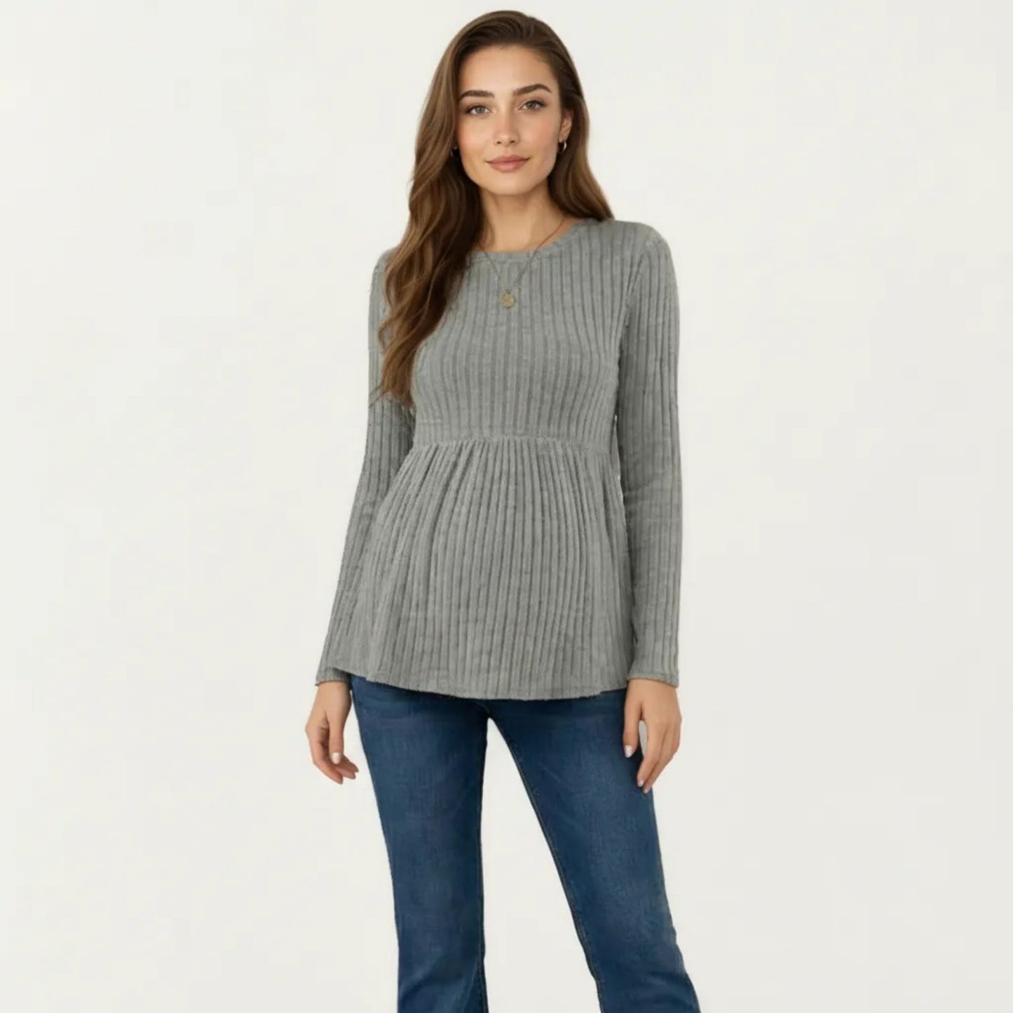 Maternity Long Sleeve Ribbed Knit Top with Crew Neck and Empire Waist