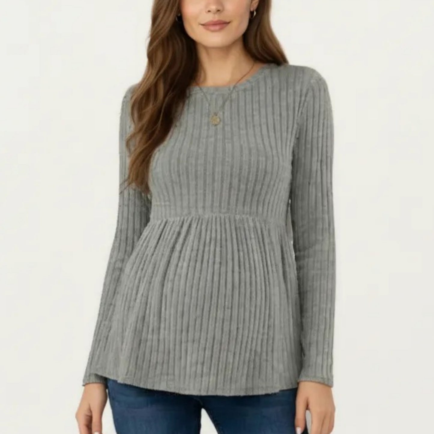 Maternity Long Sleeve Ribbed Knit Top with Crew Neck and Empire Waist