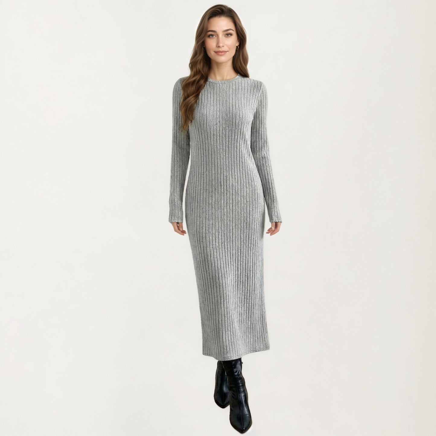 Long Sleeve Ribbed Knit Maxi Dress with Crew Neck and Body Skimming Silhouette