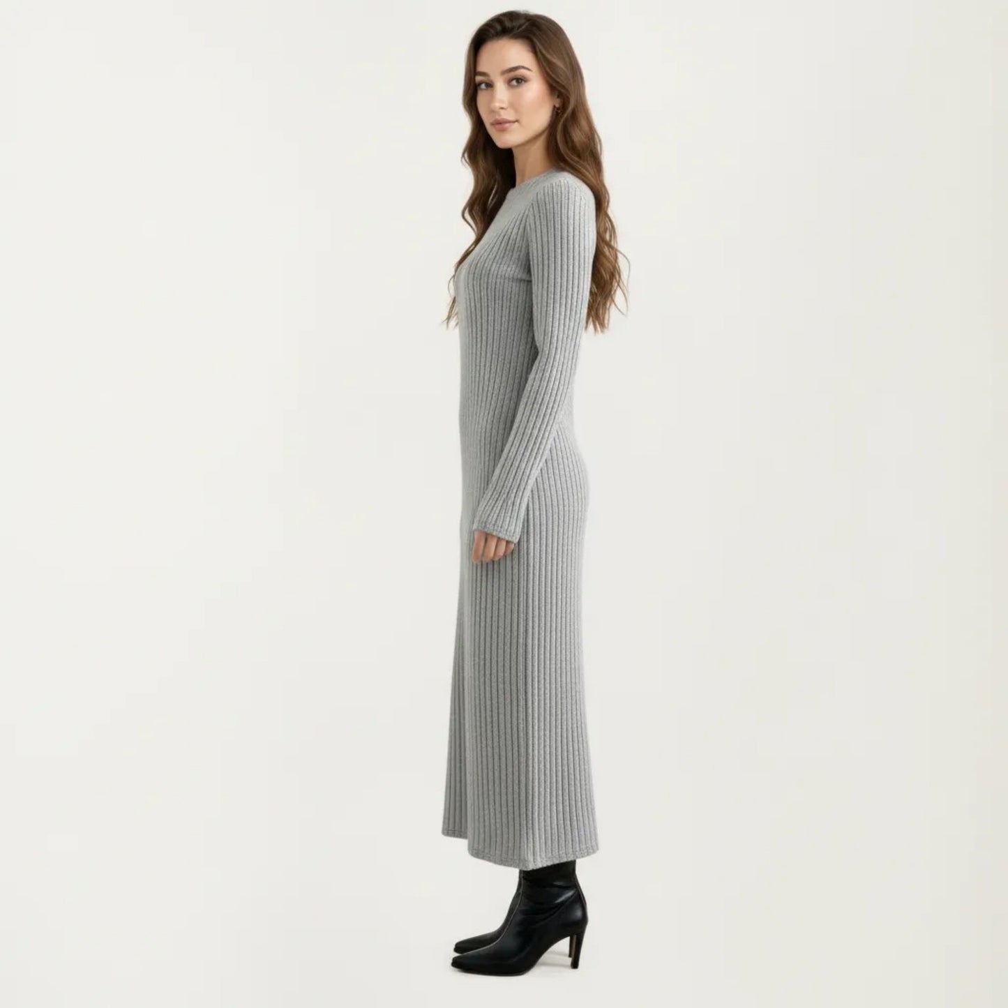 Long Sleeve Ribbed Knit Maxi Dress with Crew Neck and Body Skimming Silhouette