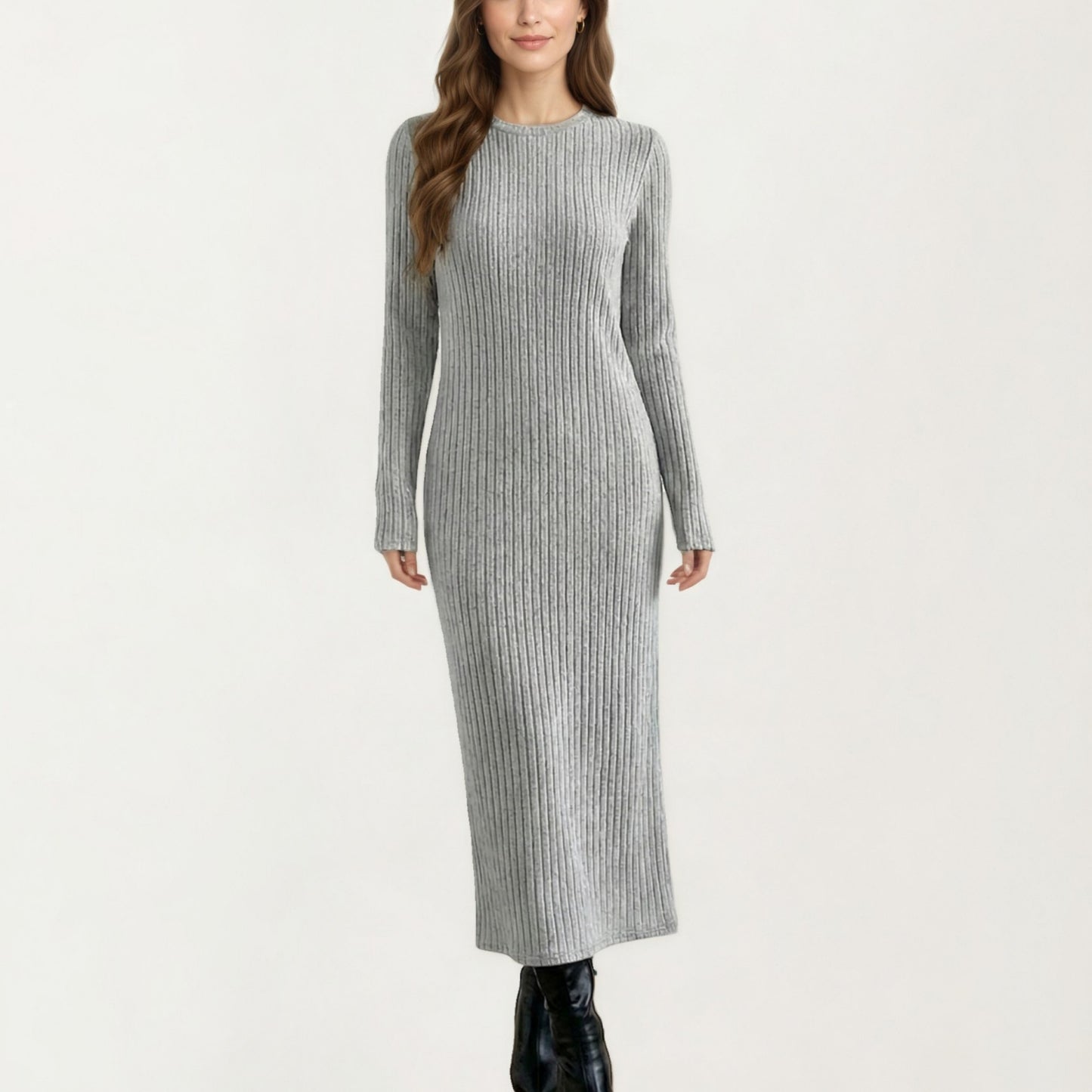 Long Sleeve Ribbed Knit Maxi Dress with Crew Neck and Body Skimming Silhouette