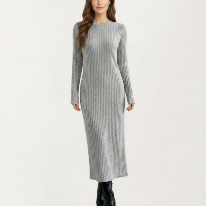 Long Sleeve Ribbed Knit Maxi Dress with Crew Neck and Body Skimming Silhouette