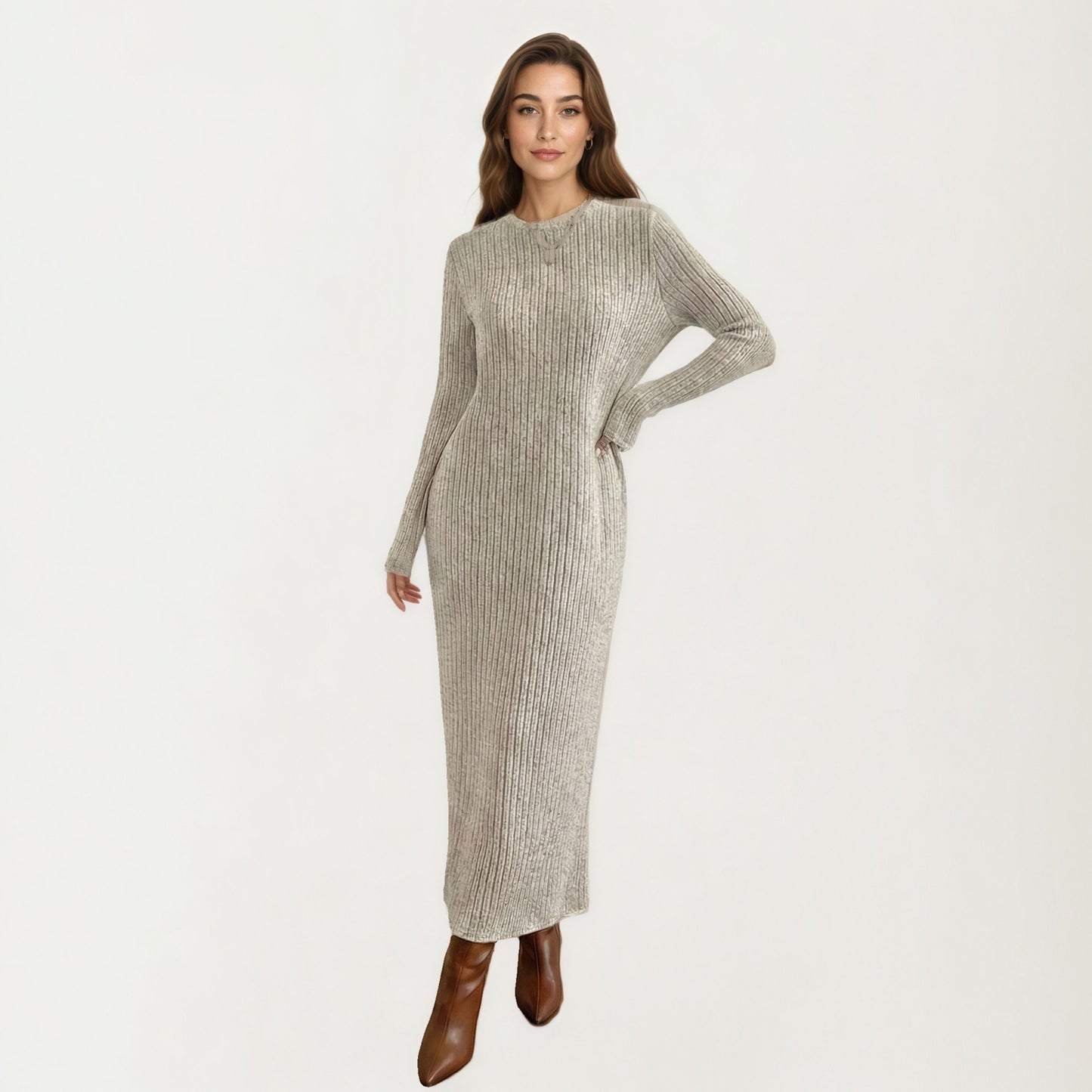 Long Sleeve Ribbed Knit Maxi Dress with Crew Neck and Body Skimming Silhouette