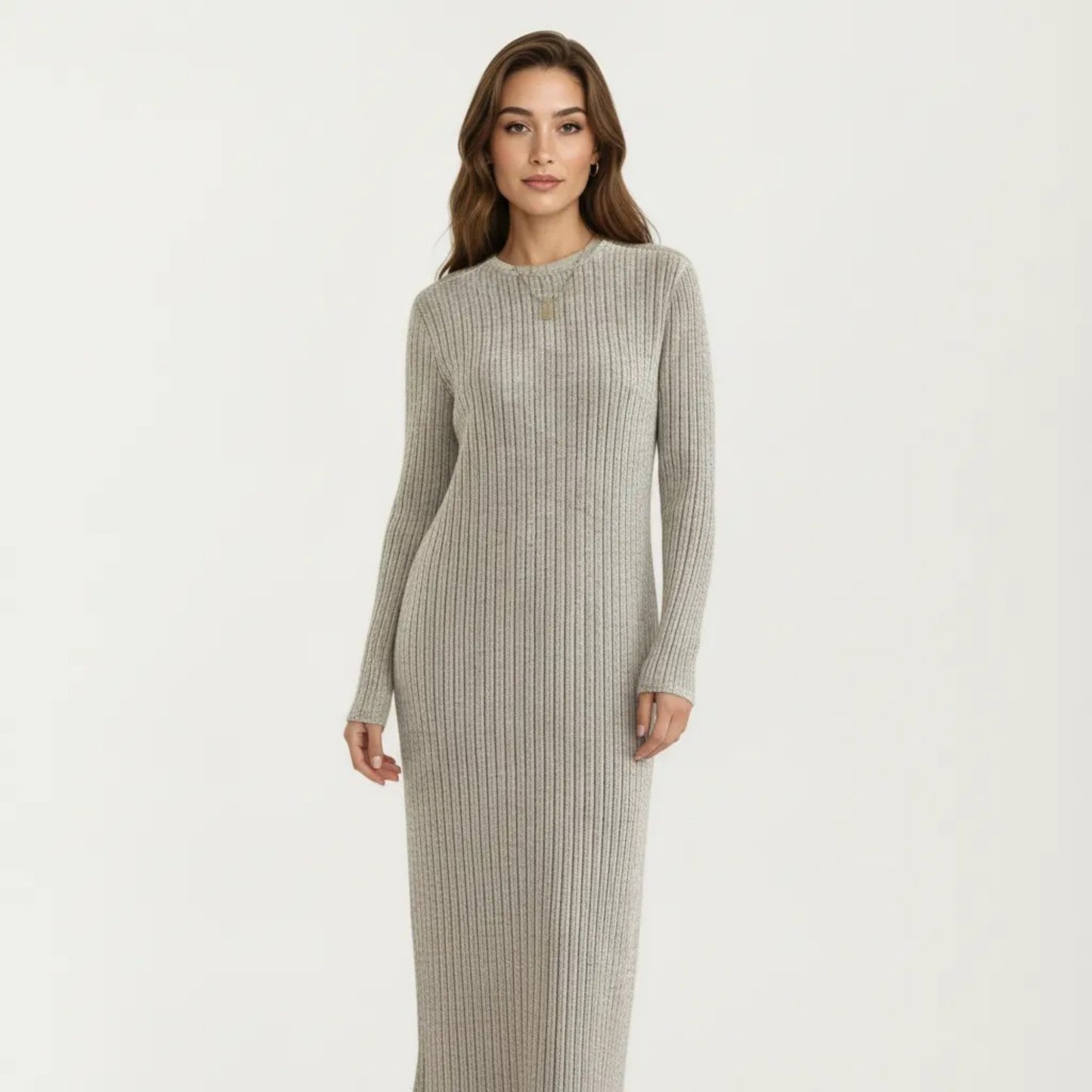 Long Sleeve Ribbed Knit Maxi Dress with Crew Neck and Body Skimming Silhouette