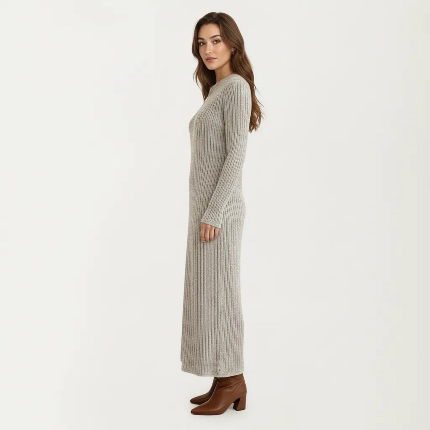 Long Sleeve Ribbed Knit Maxi Dress with Crew Neck and Body Skimming Silhouette