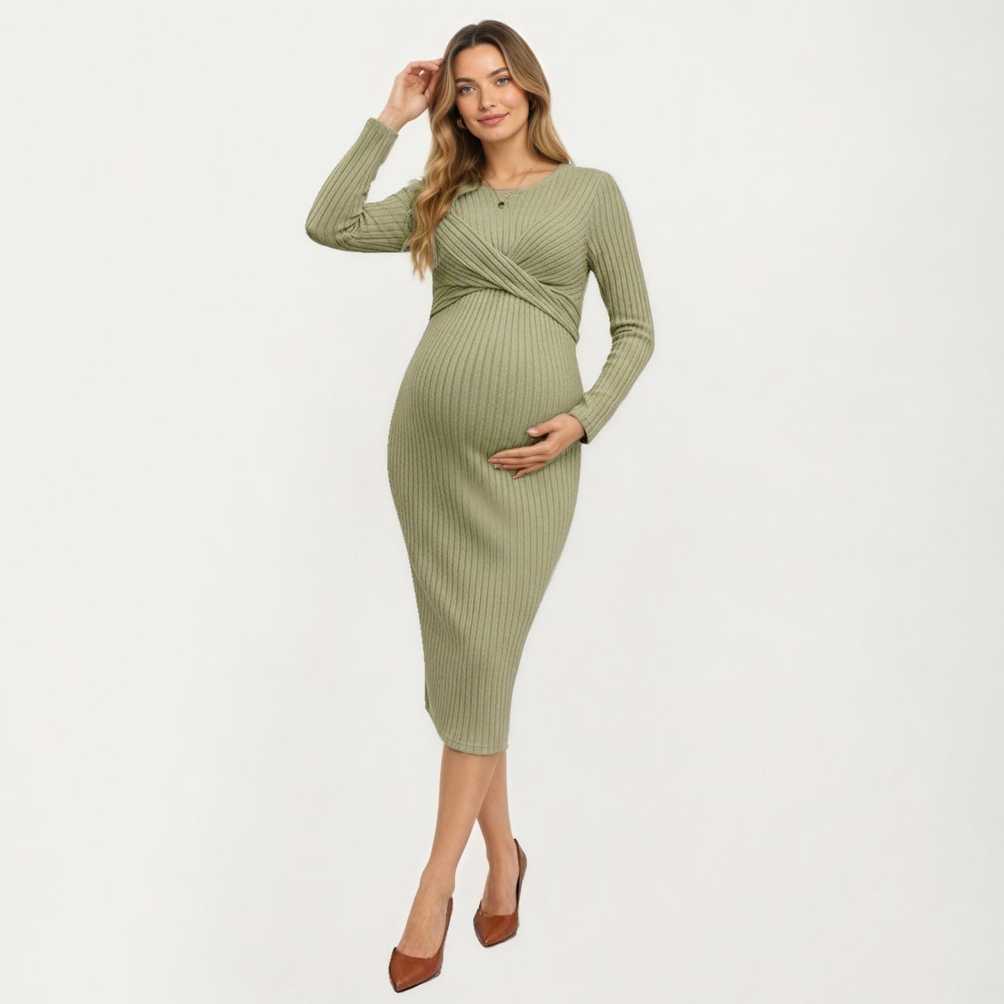 Ribbed Knit Long Sleeve Midi Maternity Dress with Twist Front Detail and Bodycon Silhouette