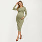 Ribbed Knit Long Sleeve Midi Maternity Dress with Twist Front Detail and Bodycon Silhouette