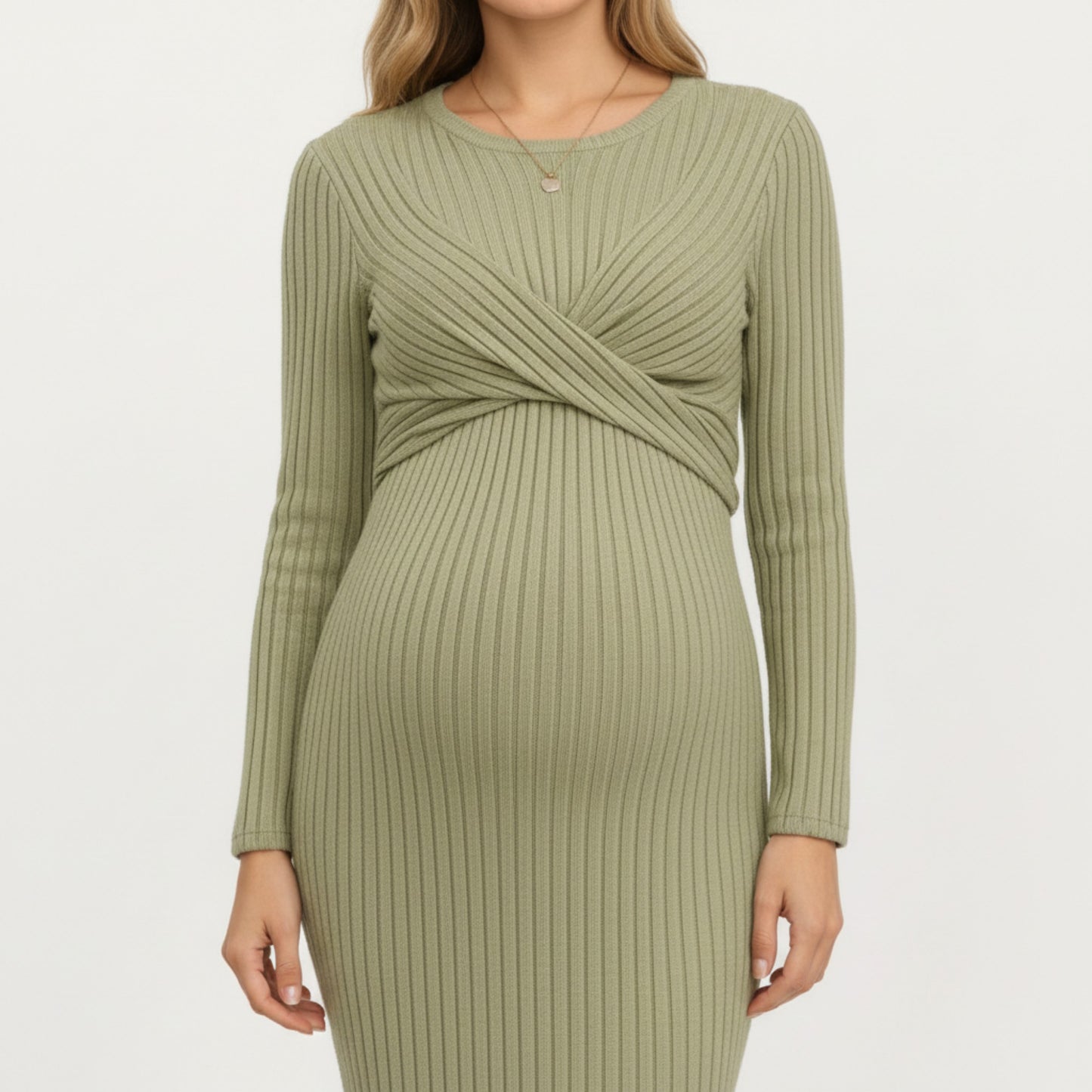 Ribbed Knit Long Sleeve Midi Maternity Dress with Twist Front Detail and Bodycon Silhouette