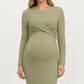 Ribbed Knit Long Sleeve Midi Maternity Dress with Twist Front Detail and Bodycon Silhouette