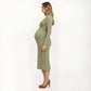 Ribbed Knit Long Sleeve Midi Maternity Dress with Twist Front Detail and Bodycon Silhouette