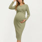 Ribbed Knit Long Sleeve Midi Maternity Dress with Twist Front Detail and Bodycon Silhouette