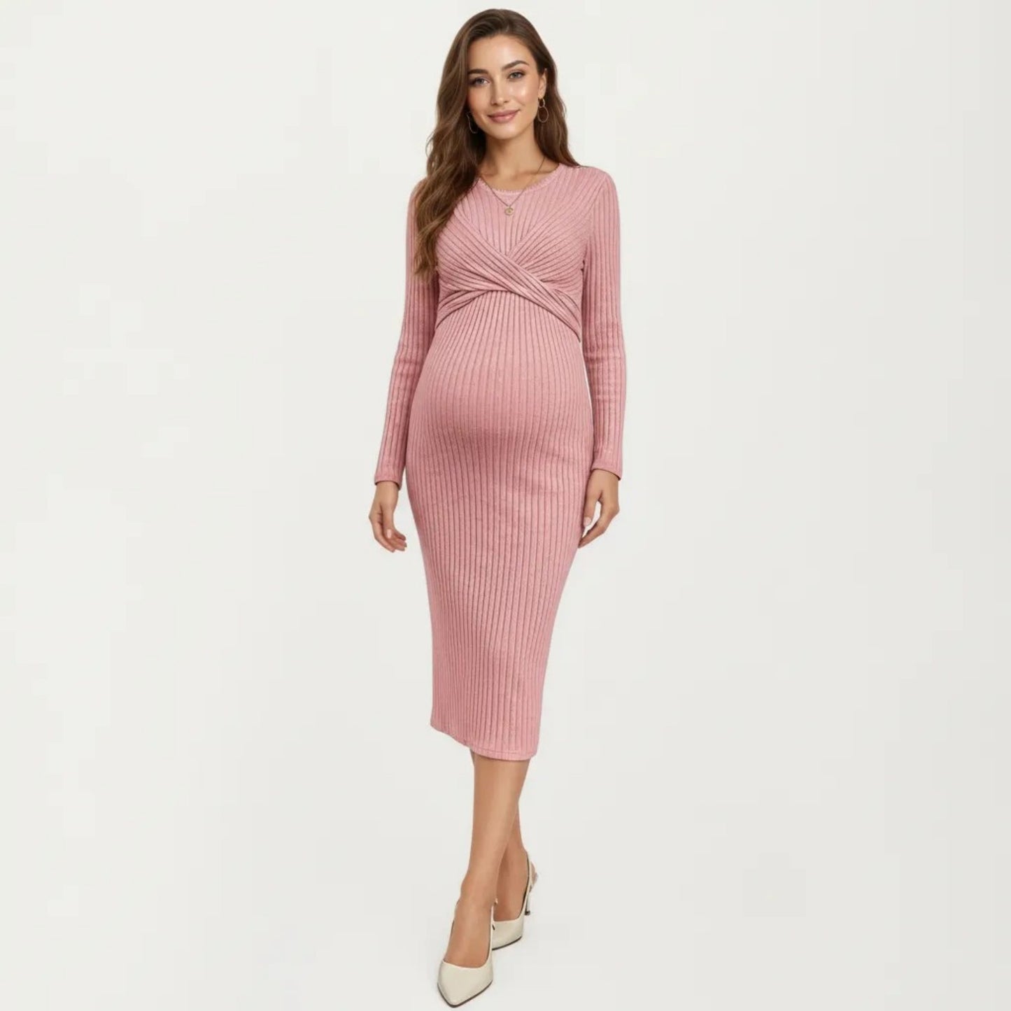 Ribbed Knit Long Sleeve Midi Maternity Dress with Twist Front Detail and Bodycon Silhouette