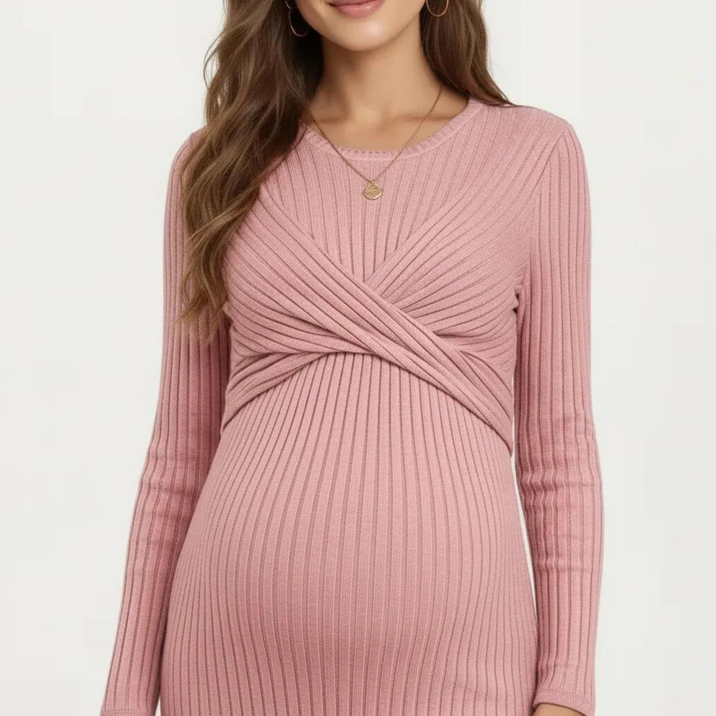 Ribbed Knit Long Sleeve Midi Maternity Dress with Twist Front Detail and Bodycon Silhouette