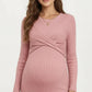 Ribbed Knit Long Sleeve Midi Maternity Dress with Twist Front Detail and Bodycon Silhouette