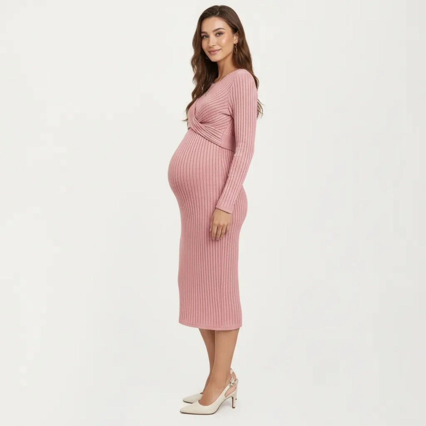 Ribbed Knit Long Sleeve Midi Maternity Dress with Twist Front Detail and Bodycon Silhouette