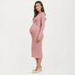 Ribbed Knit Long Sleeve Midi Maternity Dress with Twist Front Detail and Bodycon Silhouette