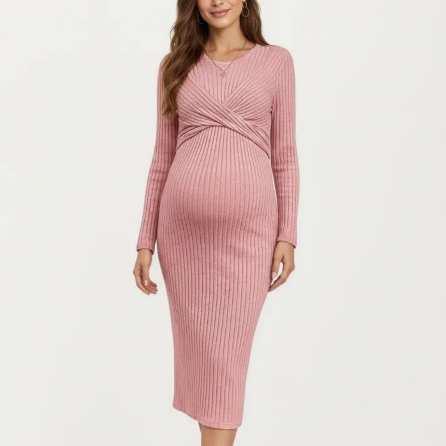 Ribbed Knit Long Sleeve Midi Maternity Dress with Twist Front Detail and Bodycon Silhouette