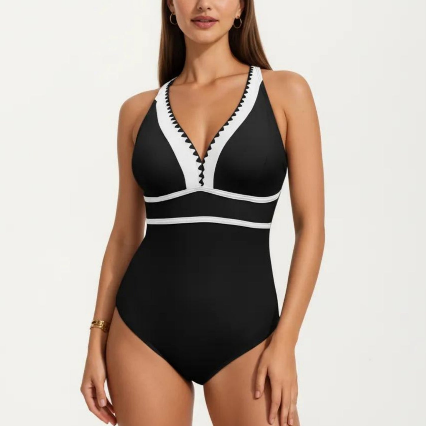 One Piece Swimsuit with Deep V Neck Contrast Trim and Sculpted Waist Design