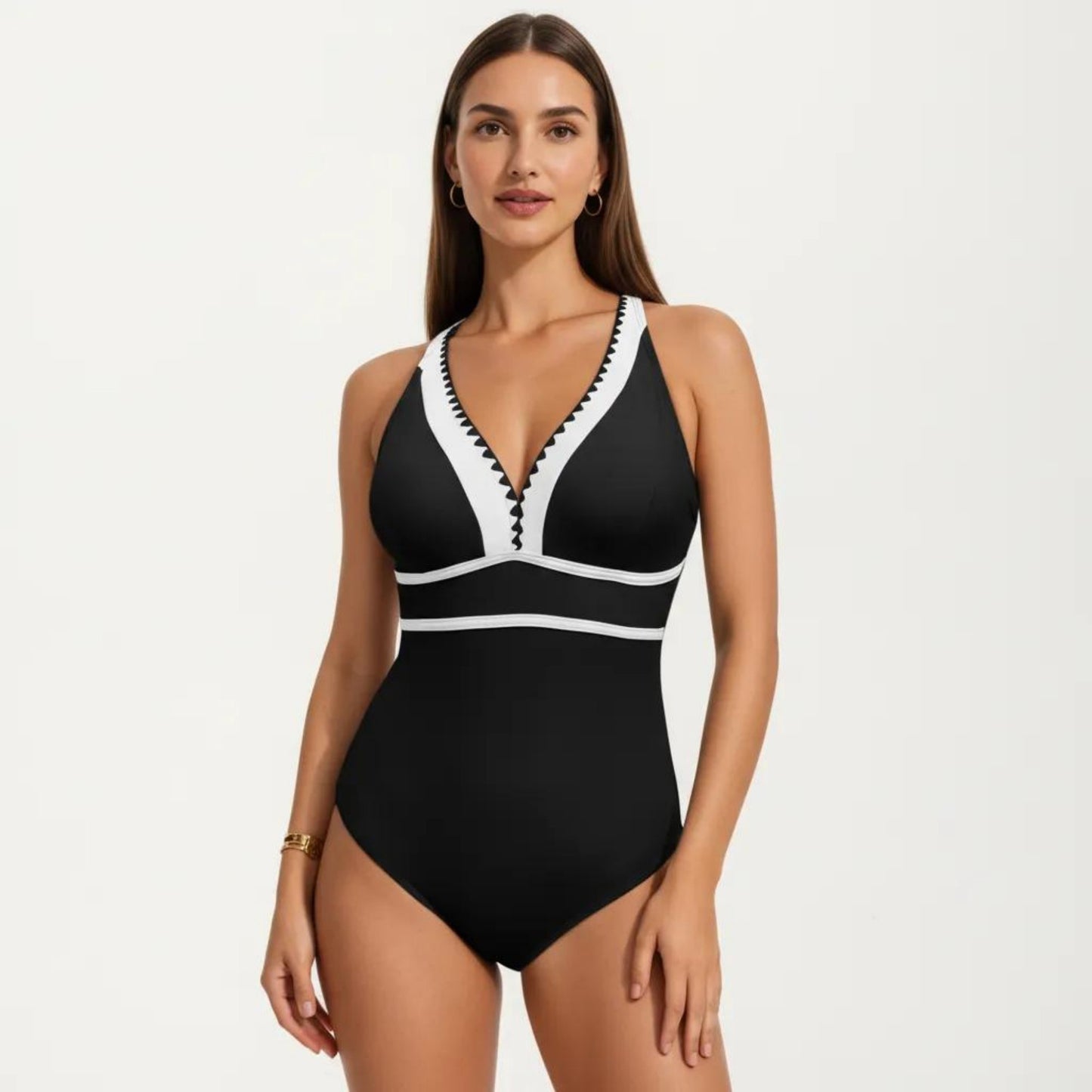 One Piece Swimsuit with Deep V Neck Contrast Trim and Sculpted Waist Design