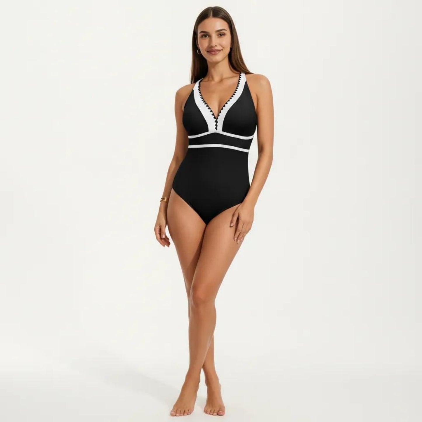 One Piece Swimsuit with Deep V Neck Contrast Trim and Sculpted Waist Design