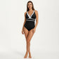 One Piece Swimsuit with Deep V Neck Contrast Trim and Sculpted Waist Design