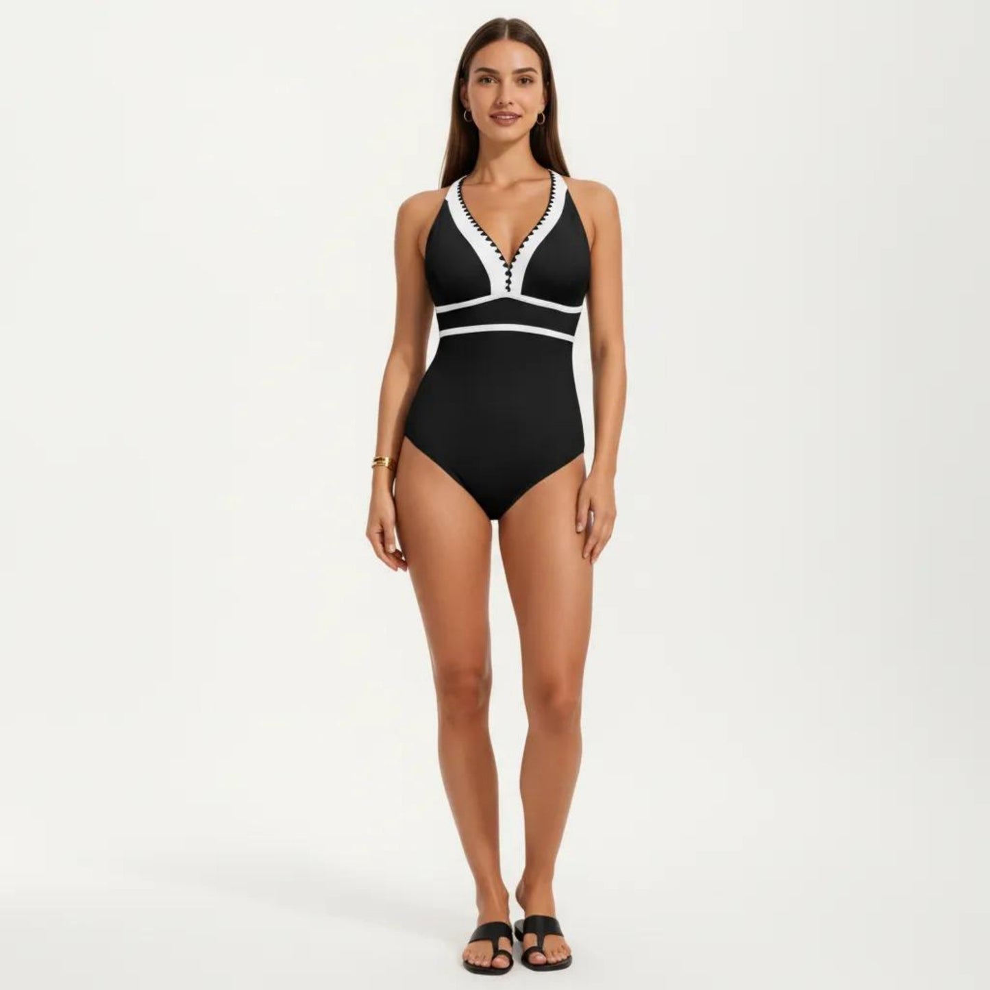 One Piece Swimsuit with Deep V Neck Contrast Trim and Sculpted Waist Design