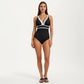One Piece Swimsuit with Deep V Neck Contrast Trim and Sculpted Waist Design