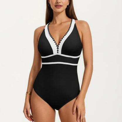 One Piece Swimsuit with Deep V Neck Contrast Trim and Sculpted Waist Design