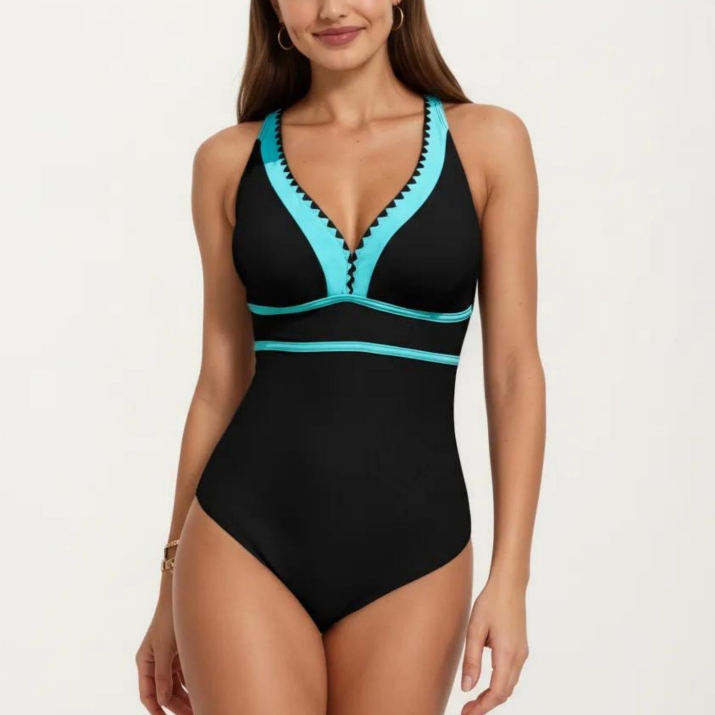 One Piece Swimsuit with Deep V Neck Contrast Trim and Sculpted Waist Design