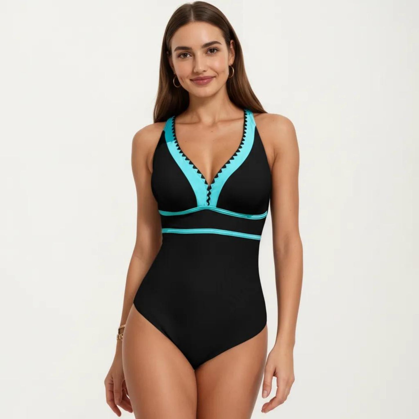 One Piece Swimsuit with Deep V Neck Contrast Trim and Sculpted Waist Design