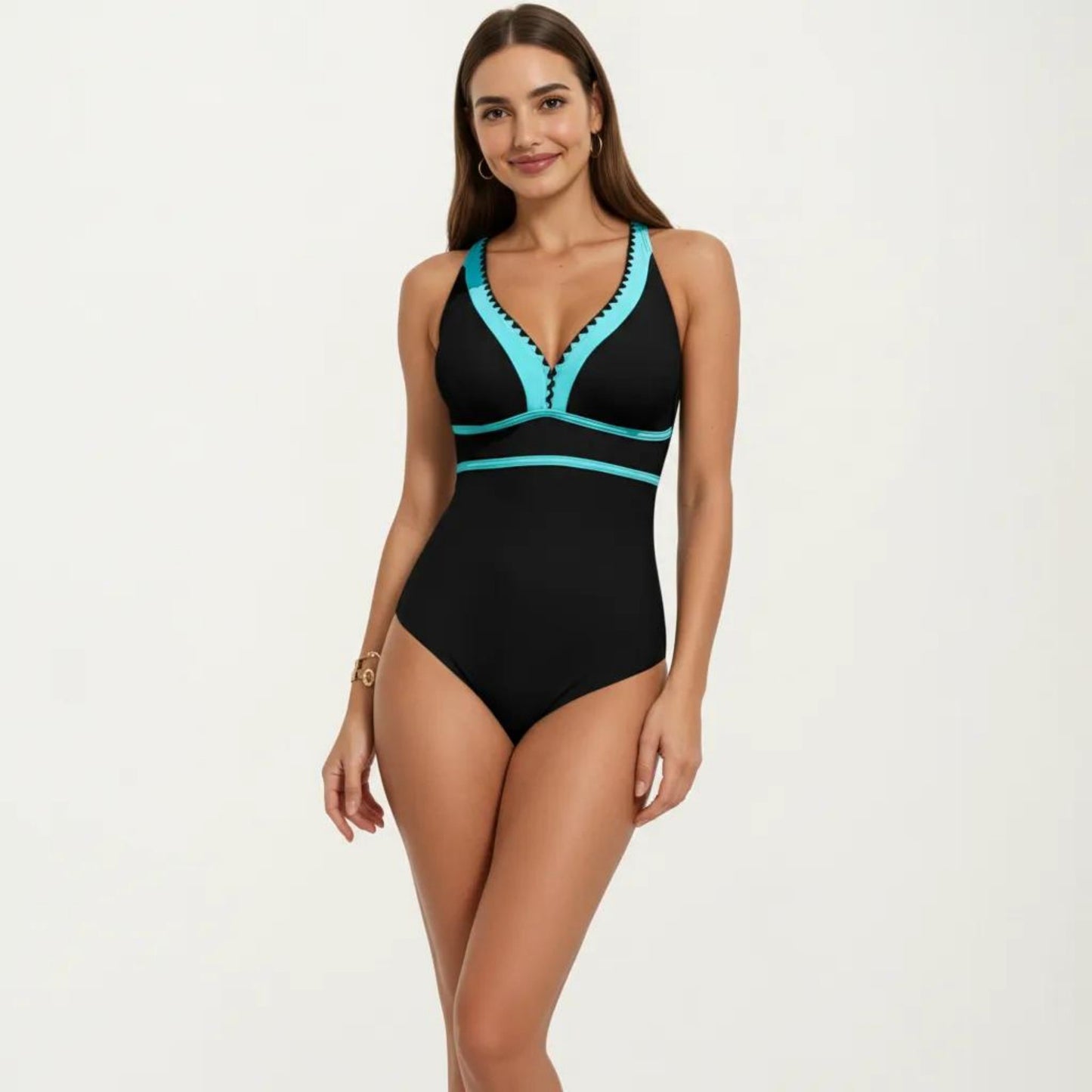 One Piece Swimsuit with Deep V Neck Contrast Trim and Sculpted Waist Design
