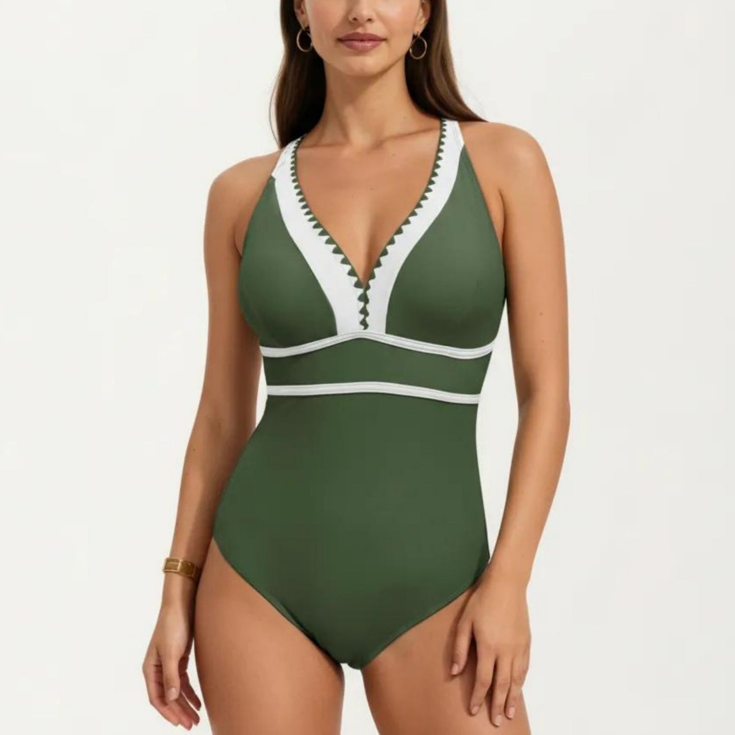 One Piece Swimsuit with Deep V Neck Contrast Trim and Sculpted Waist Design