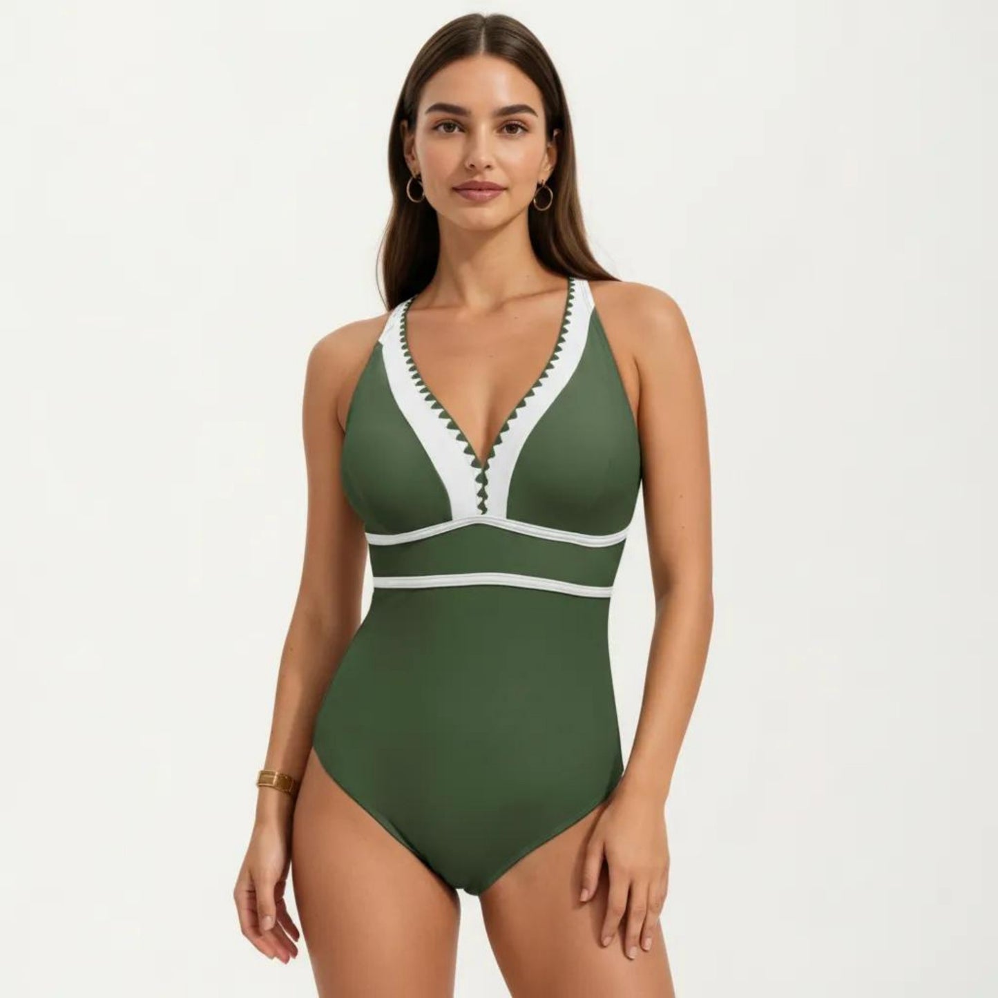 One Piece Swimsuit with Deep V Neck Contrast Trim and Sculpted Waist Design