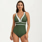 One Piece Swimsuit with Deep V Neck Contrast Trim and Sculpted Waist Design