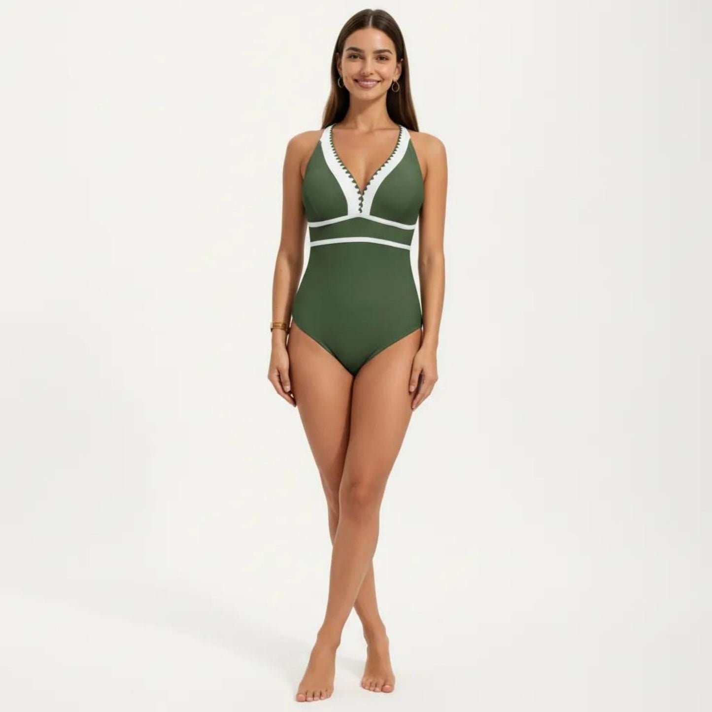 One Piece Swimsuit with Deep V Neck Contrast Trim and Sculpted Waist Design