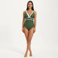 One Piece Swimsuit with Deep V Neck Contrast Trim and Sculpted Waist Design