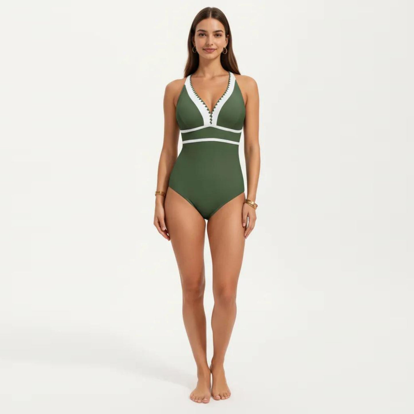 One Piece Swimsuit with Deep V Neck Contrast Trim and Sculpted Waist Design