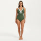 One Piece Swimsuit with Deep V Neck Contrast Trim and Sculpted Waist Design