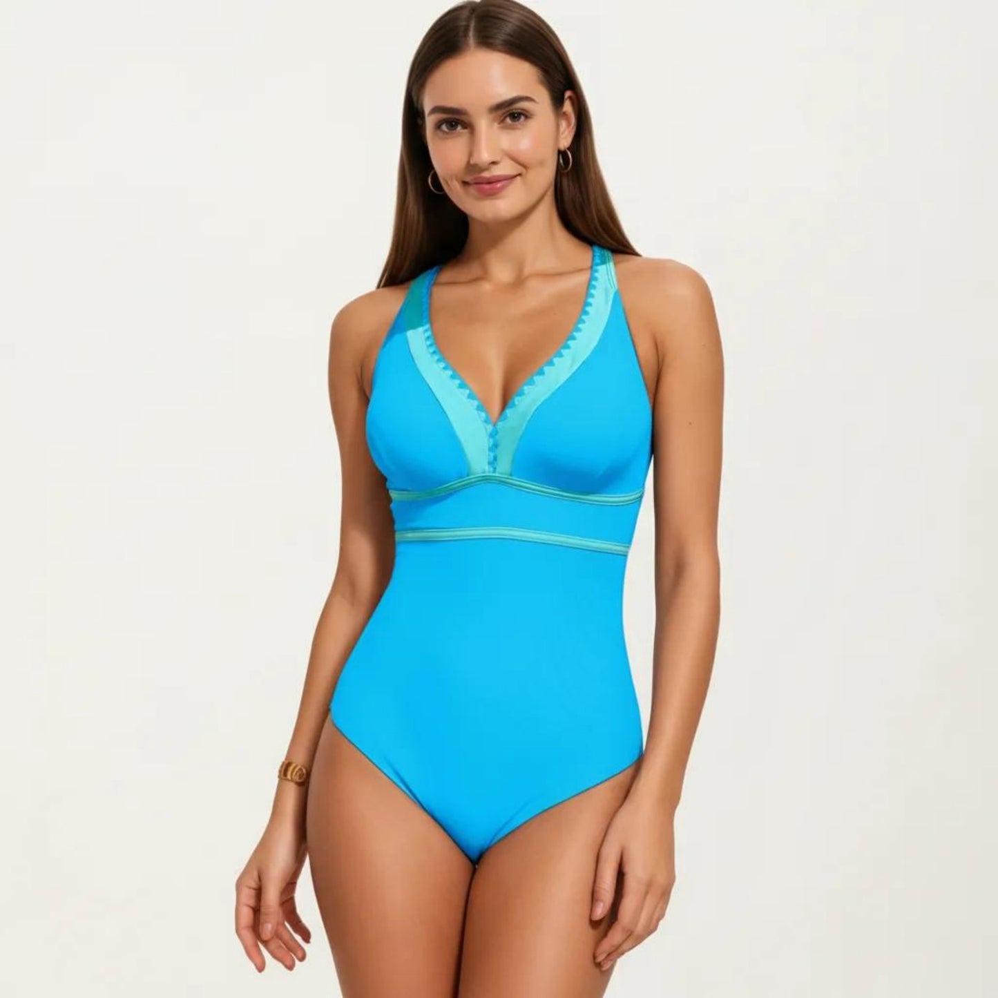 One Piece Swimsuit with Deep V Neck Contrast Trim and Sculpted Waist Design