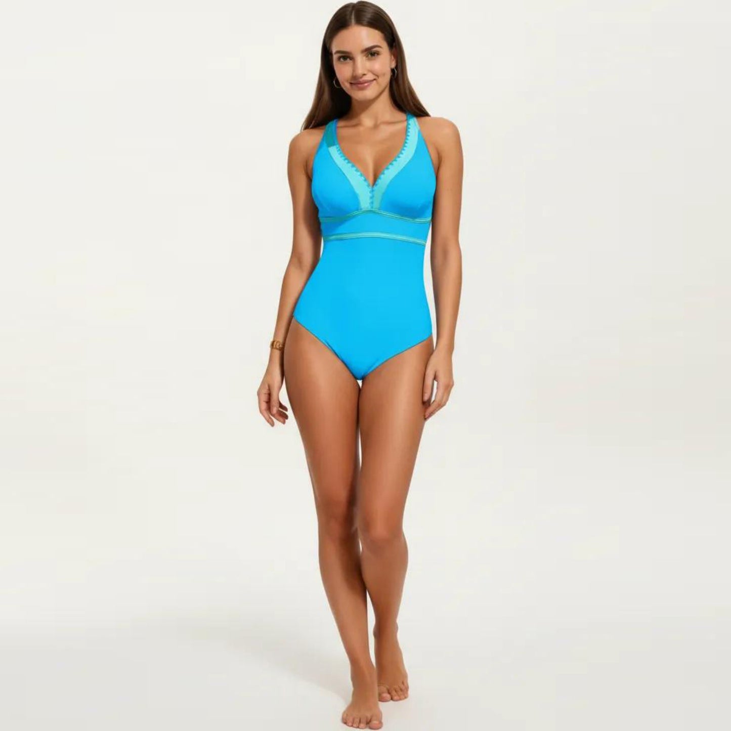 One Piece Swimsuit with Deep V Neck Contrast Trim and Sculpted Waist Design