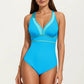 One Piece Swimsuit with Deep V Neck Contrast Trim and Sculpted Waist Design