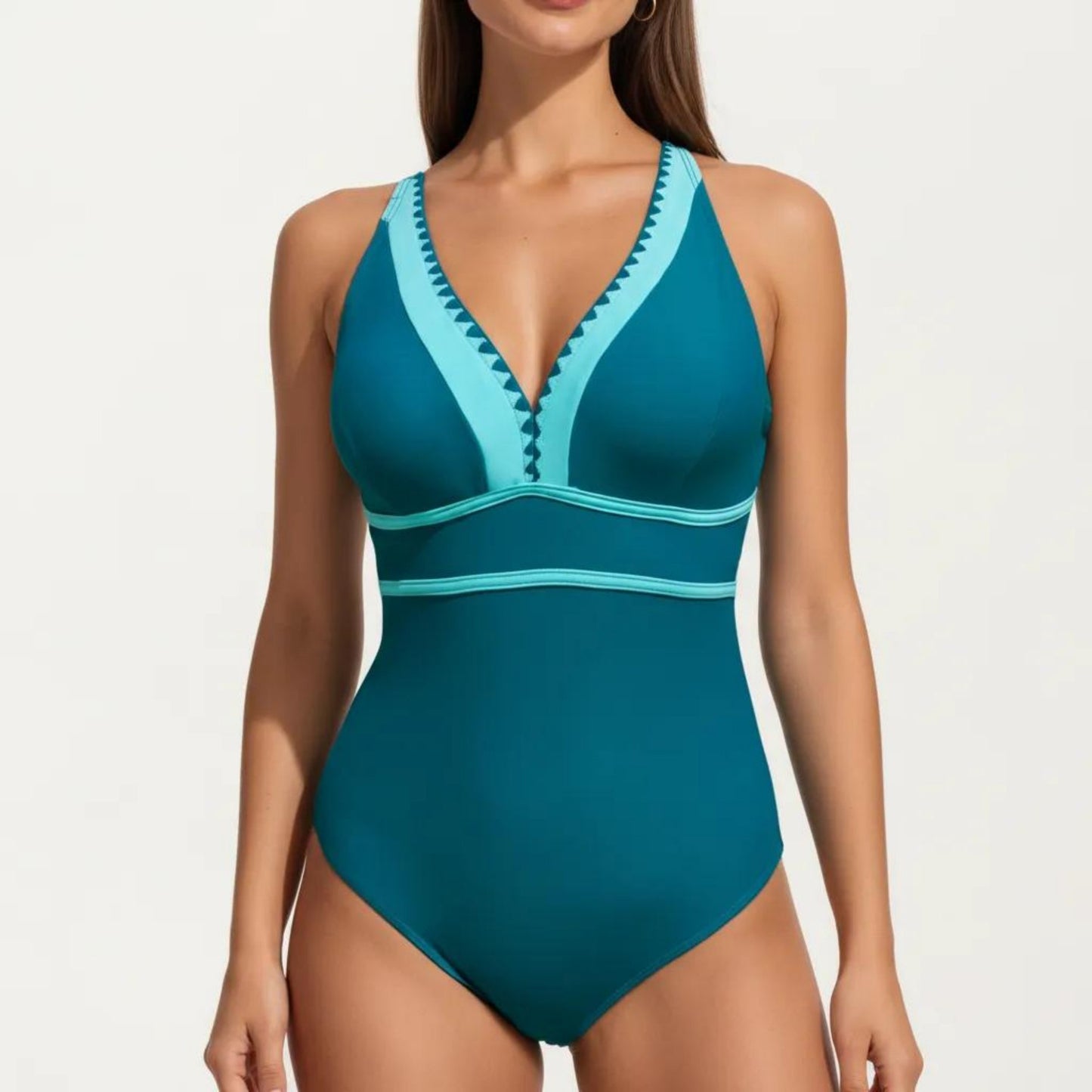 One Piece Swimsuit with Deep V Neck Contrast Trim and Sculpted Waist Design